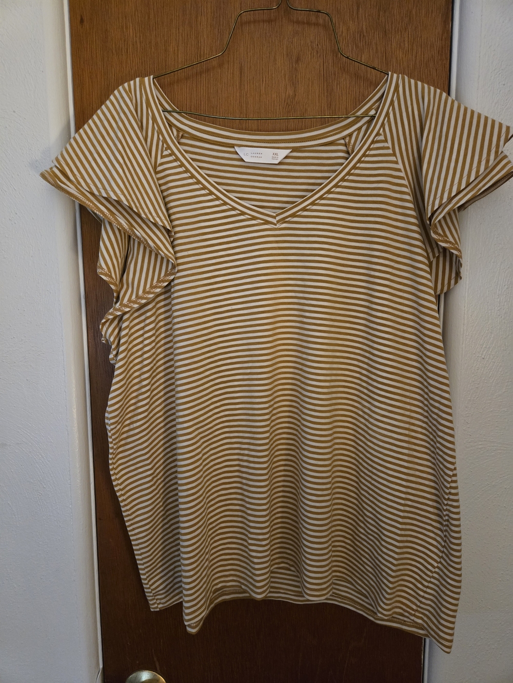 LC Lauren Conrad Mustard & White Striped V-Neck Top with Cap Sleeve Detail
